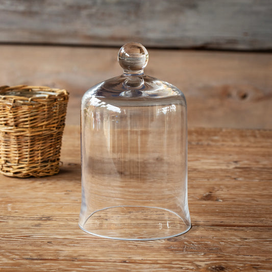 7.5-inch glass cloche with a round knob handle, perfect for displaying home fragrance accessories or decorative items in any home setting.