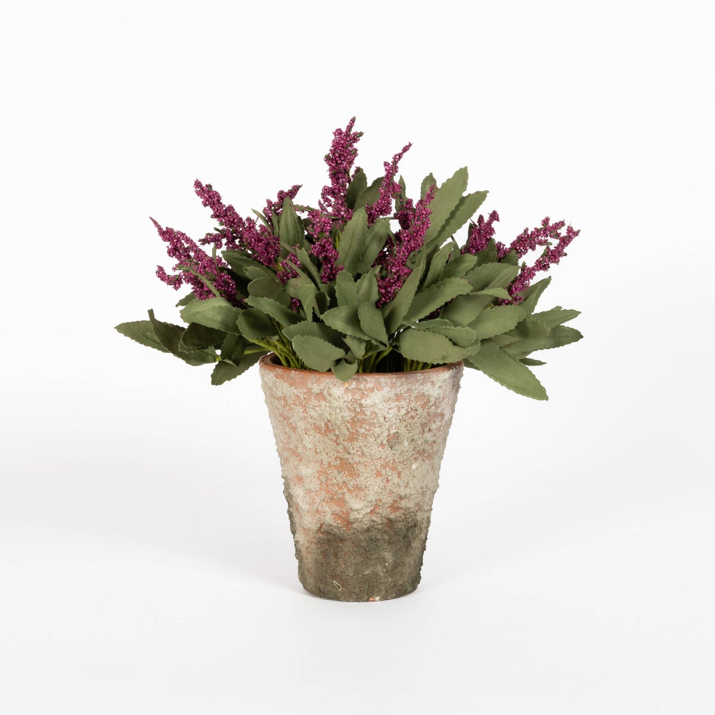 Pink Potted Lavender Bloom in a weathered pot, featuring realistic artificial flowers. Ideal for enhancing home and garden decor with elegance.