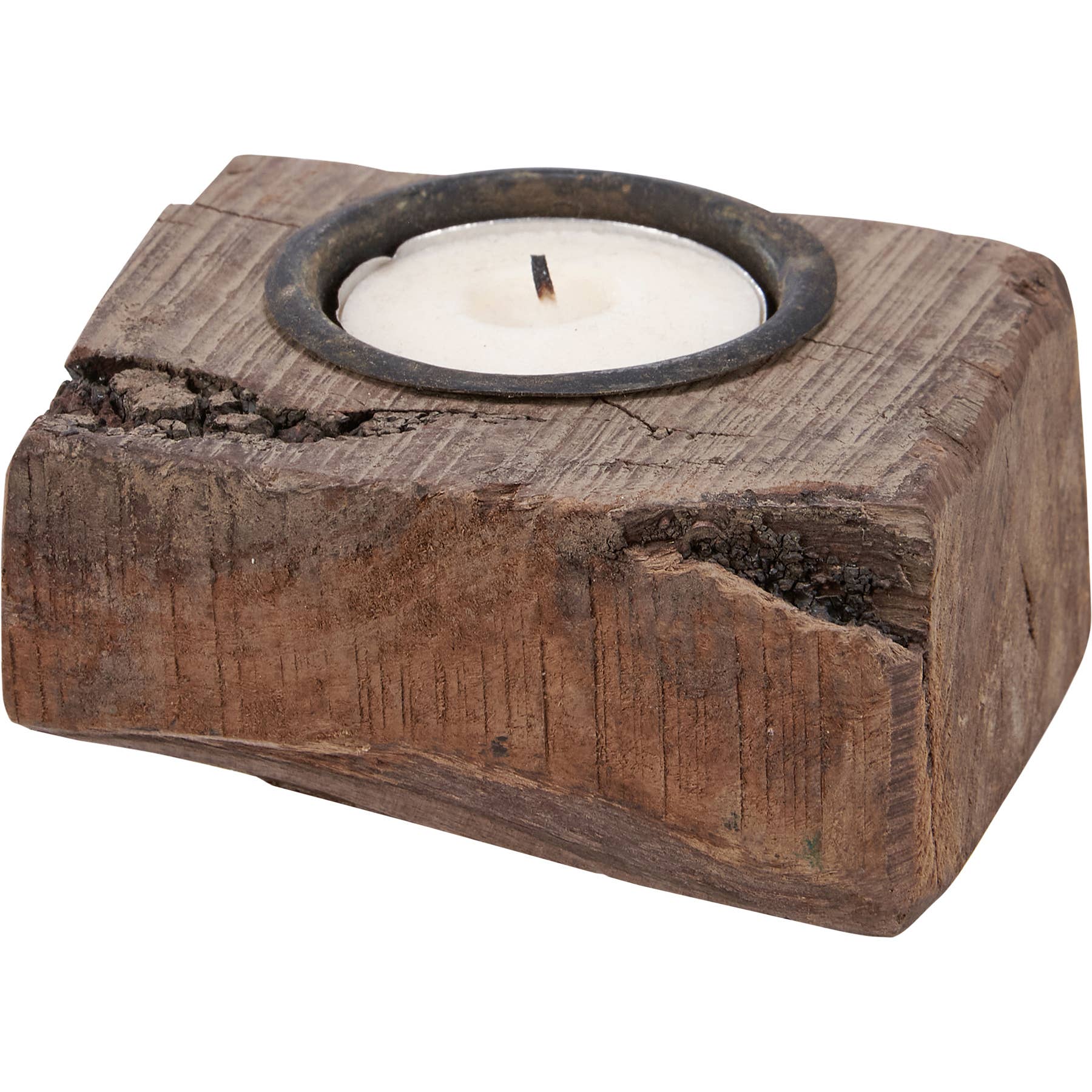 Antique wood block candle holder with a distressed finish and a tealight. Rustic home decor piece with a recycled metal insert, uniquely handcrafted.