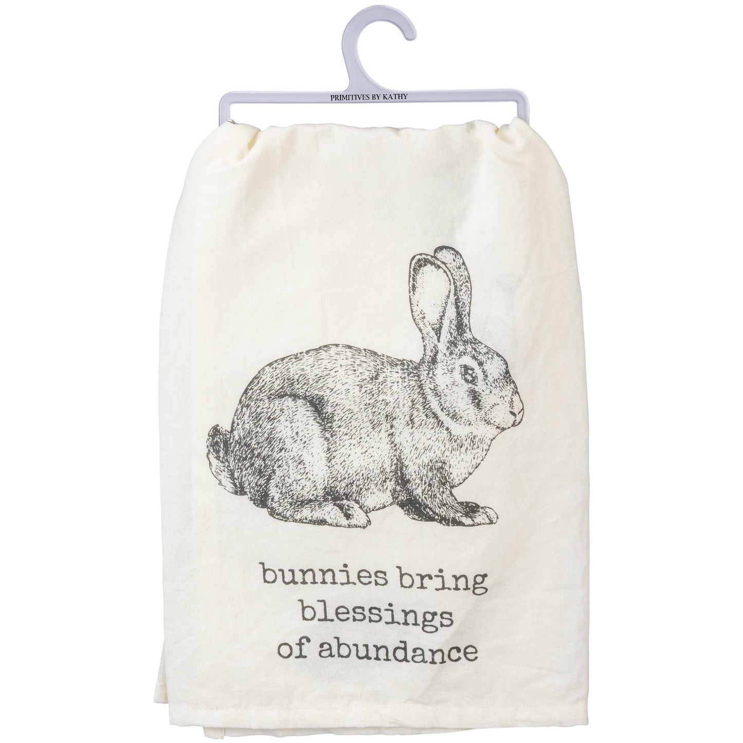 Close-up of the Bunnies Kitchen Towel with a detailed rabbit illustration and the phrase 'bunnies bring blessings of abundance.' A charming addition to any kitchen.