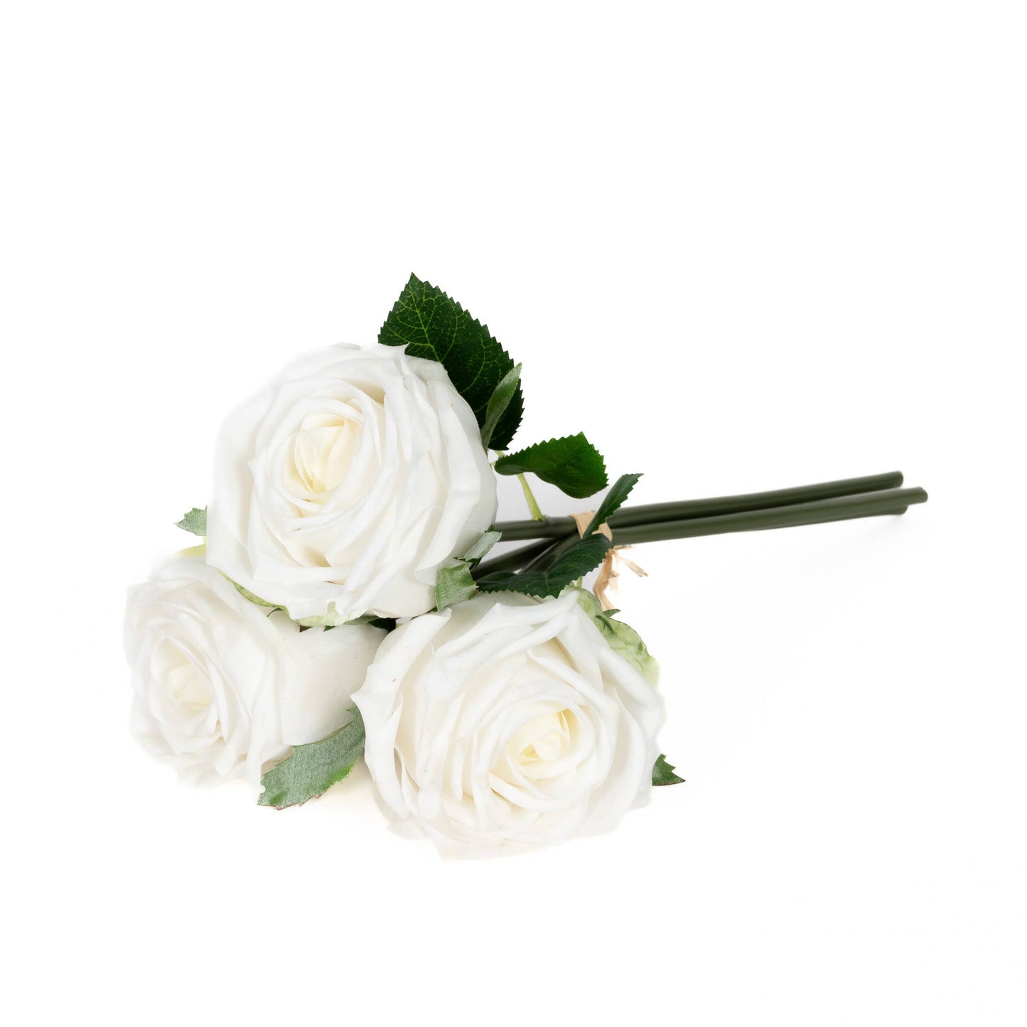 Elegant Real Touch Eden Rose Bouquet featuring three lifelike white roses with green stems and leaves. A perfect 12-inch artificial floral accent for any setting.