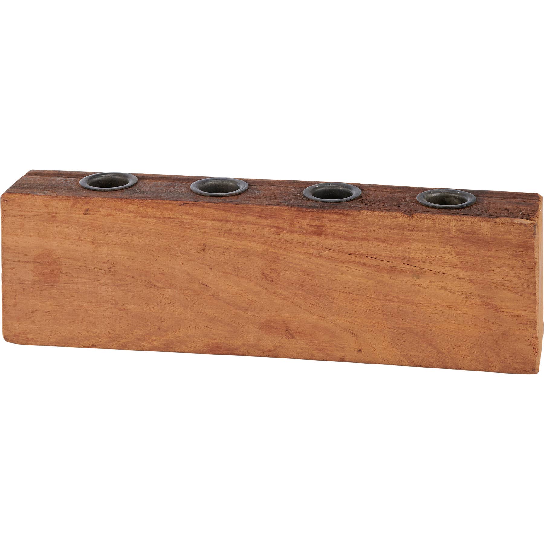 Antique-style Primitive Wood Candle Holder with four metal slots. Aged wooden base perfect for rustic and vintage home decor.