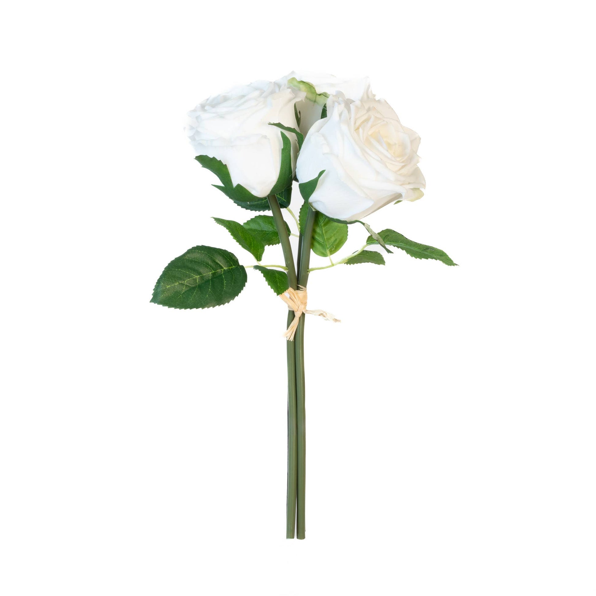 Real Touch Eden Rose Bouquet with three white roses and green leaves, tied with a raffia bow. A 12-inch artificial floral arrangement for home decor or weddings.