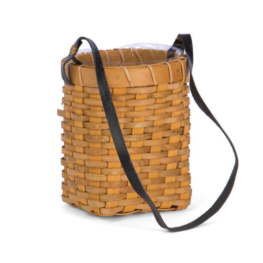 Oval Chipwood Hanging Planter with leather strap and liner. Compact woven basket design, ideal for seasonal decor and small floral arrangements.