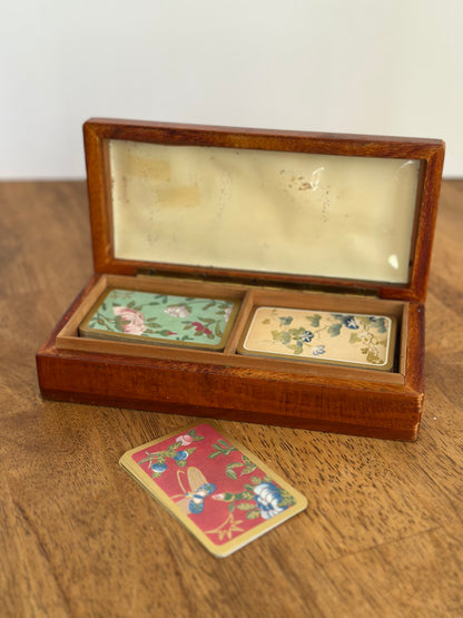 Vintage Wooden Box With Bridge Playing Cards