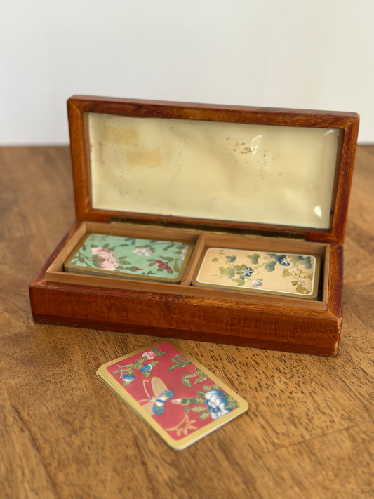 Vintage Wooden Box With Bridge Playing Cards