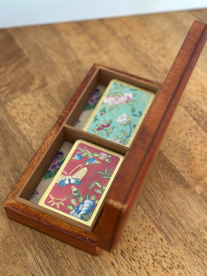 Vintage Wooden Box With Bridge Playing Cards