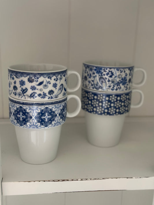 Blue & White Ceramic Retro Mugs (4)