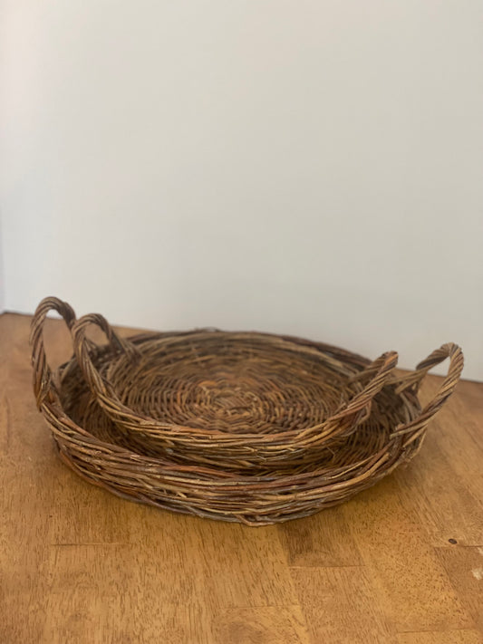 Round Wicker Basket Trays With Handles Set (2)