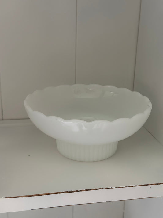 Vintage Milk Glass Scalloped Pedestal Bowl