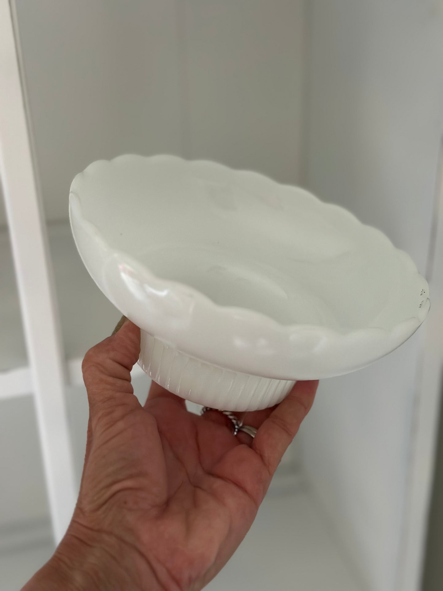 Vintage Milk Glass Scalloped Pedestal Bowl