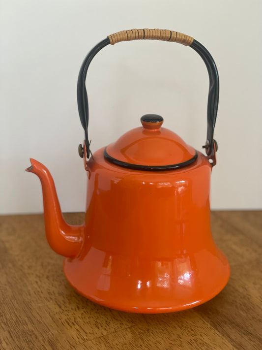 Vintage  Orange Enamelware Tea Kettle