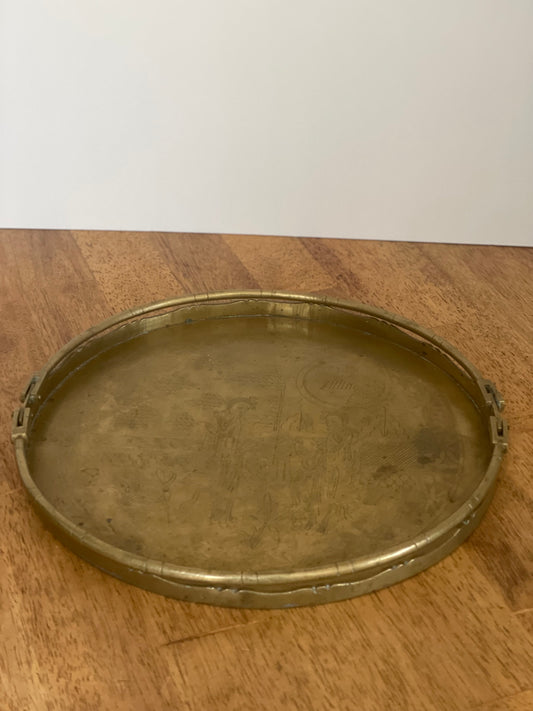 Vintage Round Brass Serving Tray With Handles