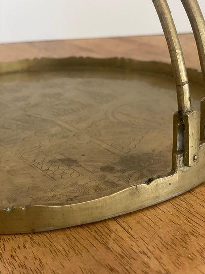 Vintage Round Brass Serving Tray With Handles