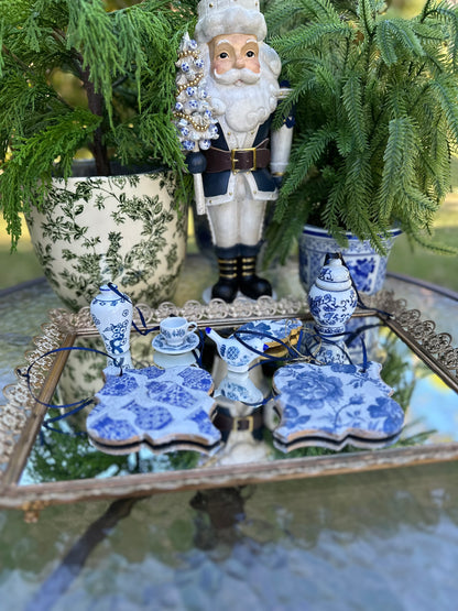 Blue & White Chinoiserie Christmas  Ornament Set (7 Pc)