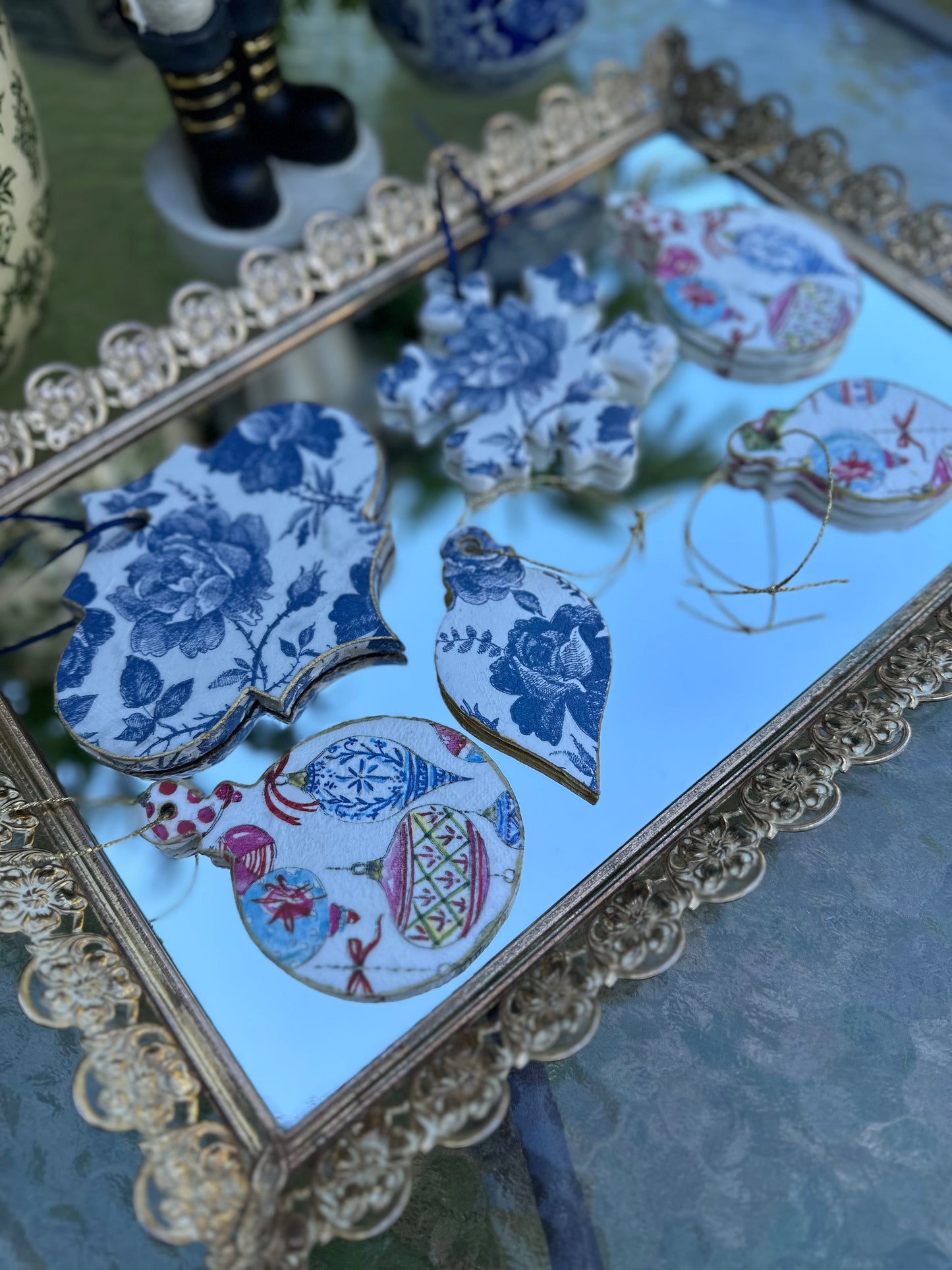 Handmade Blue Floral Christmas Ornament Set (6)