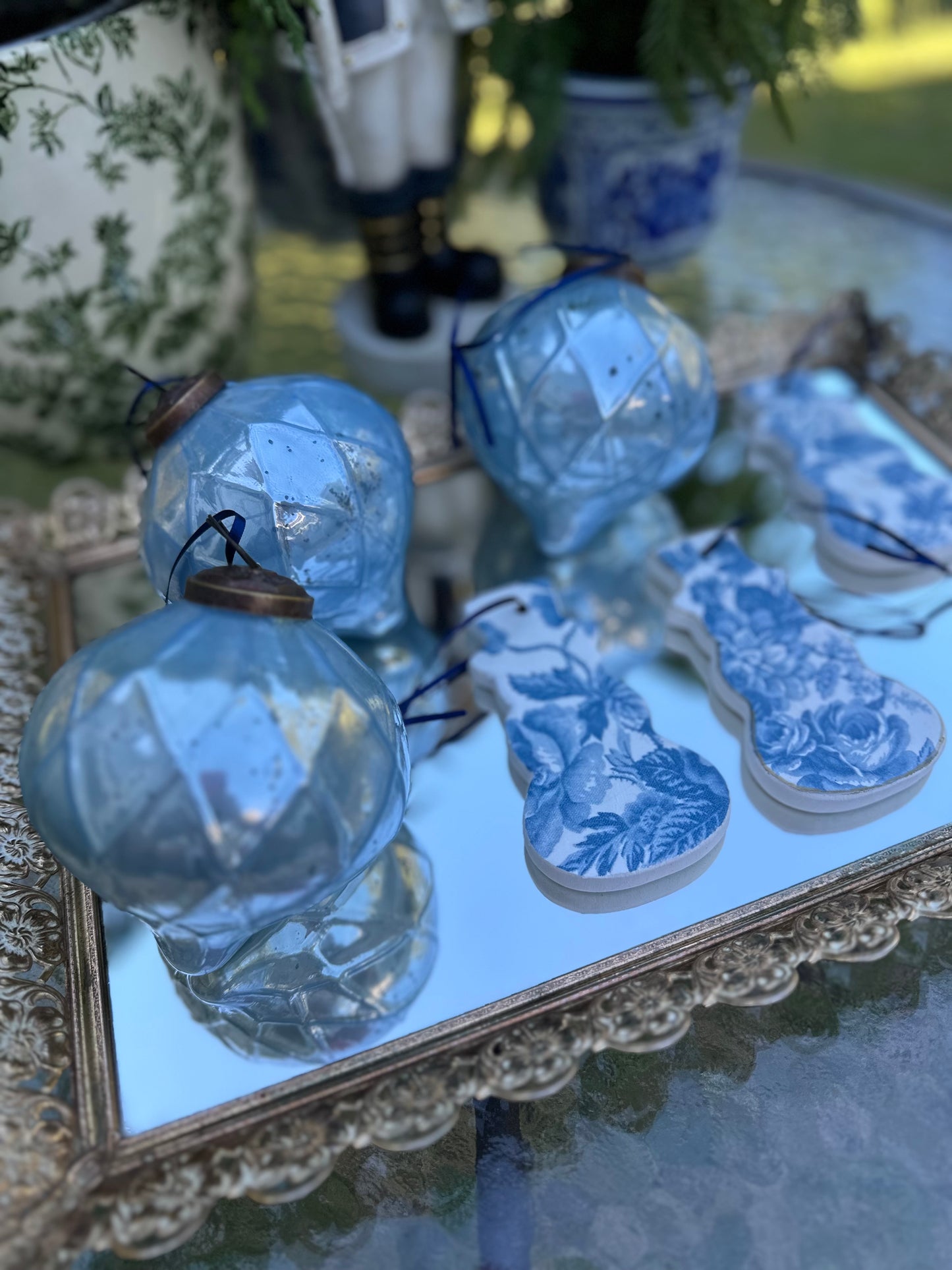 Blue Glass & Handmade Snowmen Christmas Ornaments (6)