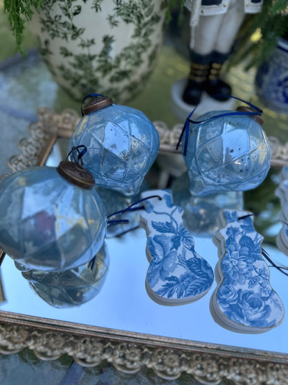 Blue Glass & Handmade Snowmen Christmas Ornaments (6)