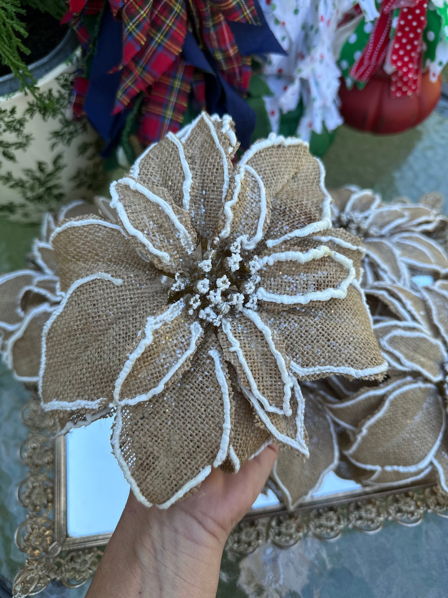 10" Burlap Glitter Poinsettia w/Clip