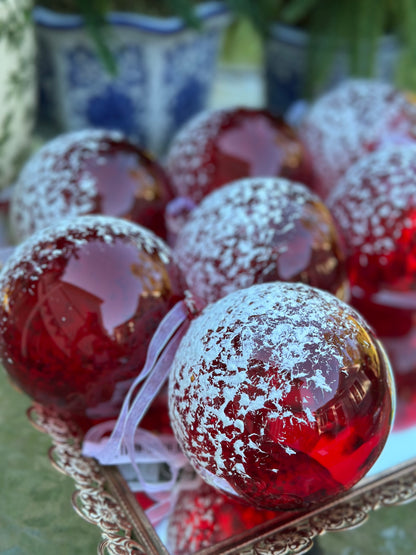 4" Red Snowed Glass Ornaments