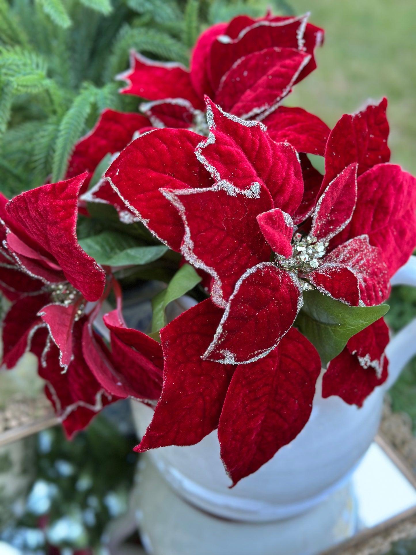 18" Red Glitter Velvet Poinsettia Spray