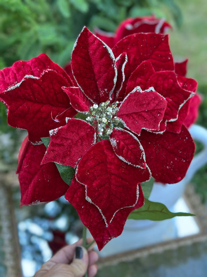 18" Red Glitter Velvet Poinsettia Spray