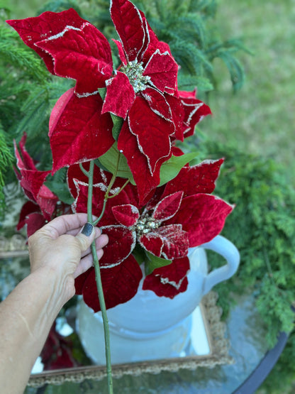 18" Red Glitter Velvet Poinsettia Spray