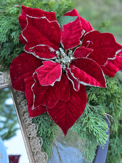 18" Red Glitter Velvet Poinsettia Spray