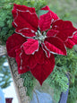 18" Red Glitter Velvet Poinsettia Spray