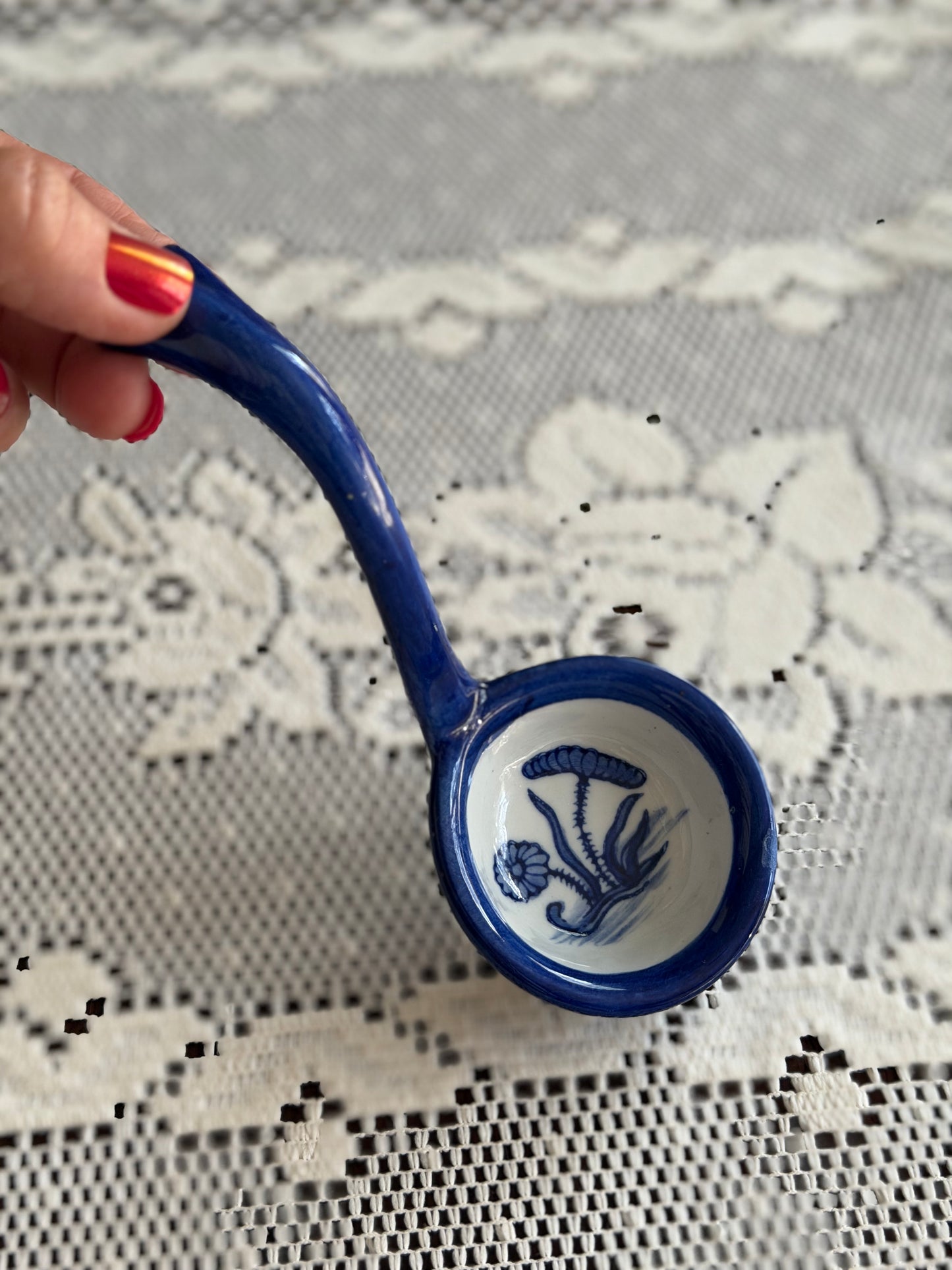 Blue and White Floral Hand Painted Sauce Ladle