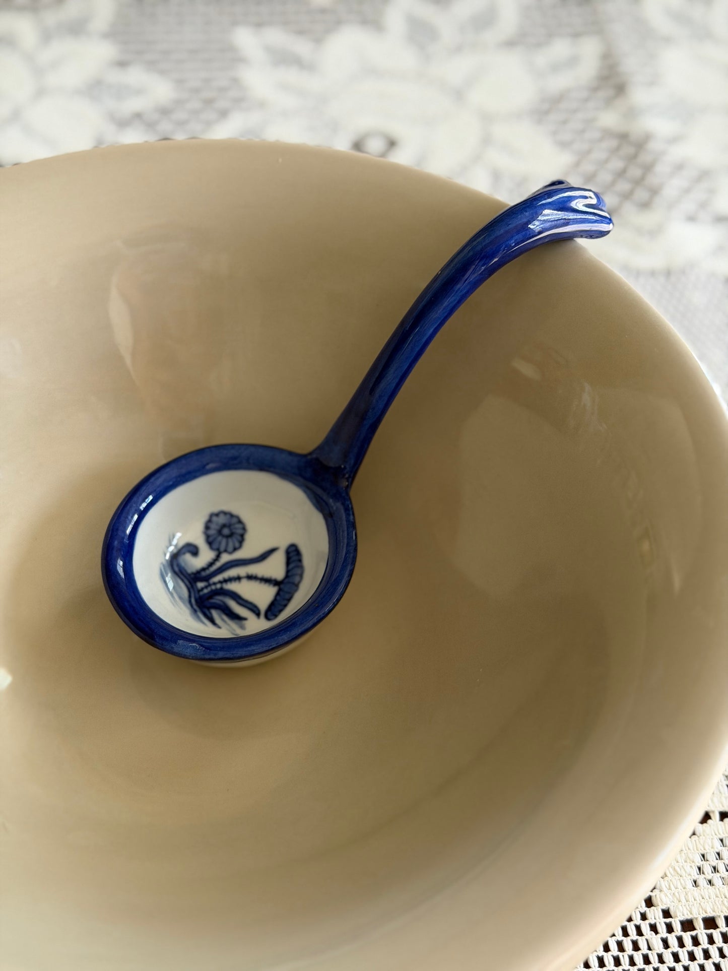 Blue and White Floral Hand Painted Sauce Ladle