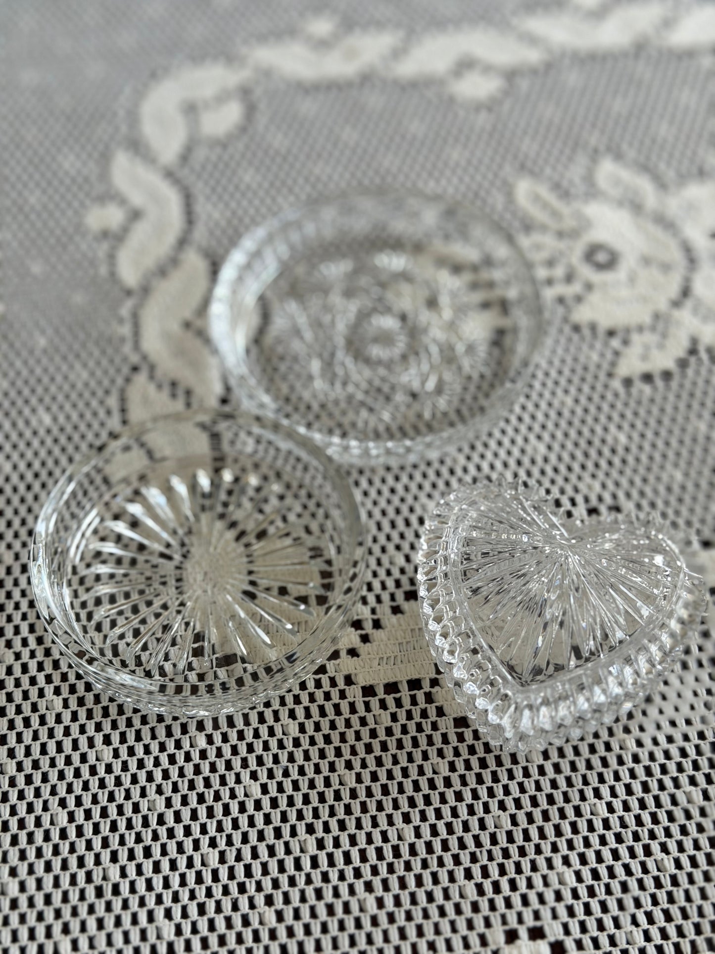 Vintage Glass Heart with 2 Round Trinket Dishes
