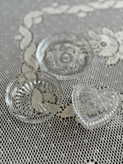 Vintage Glass Heart with 2 Round Trinket Dishes