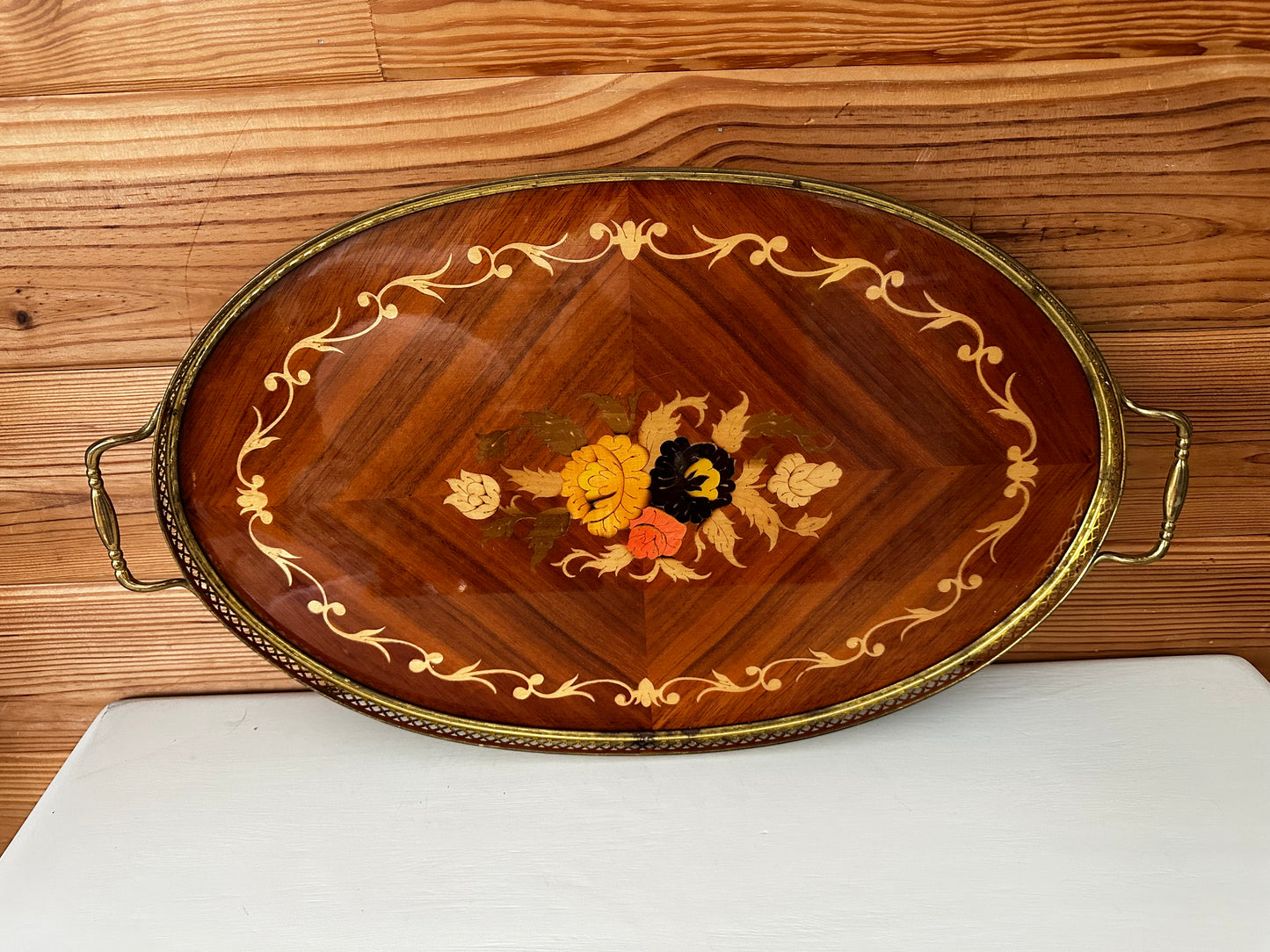 Vintage Italian Marquetry Floral Inlay Tray