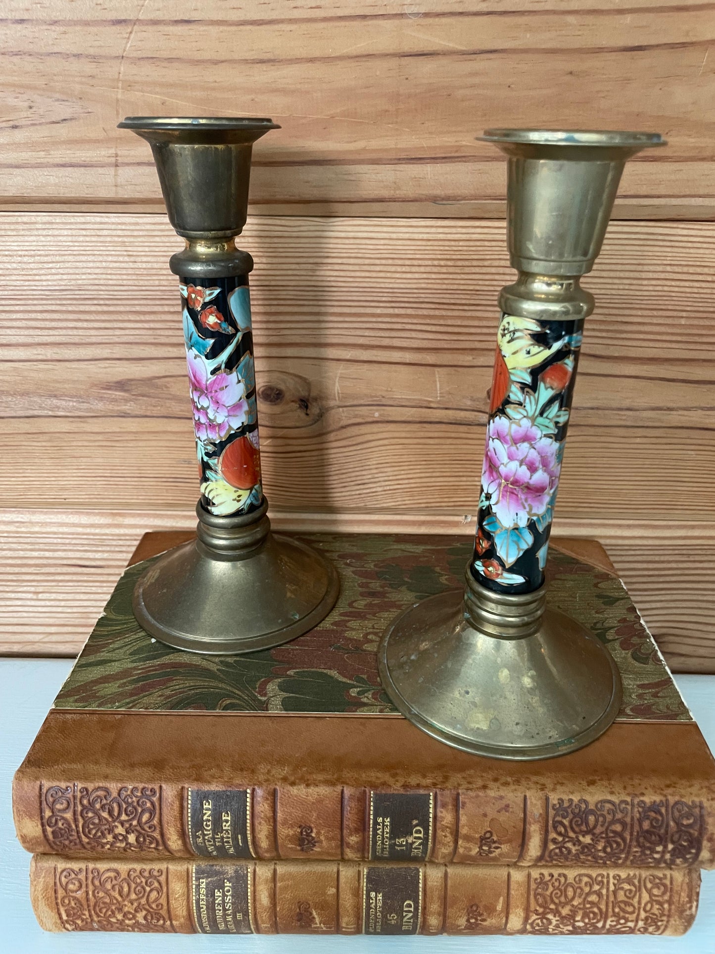 Vintage Brass/Black Floral Candle Holders