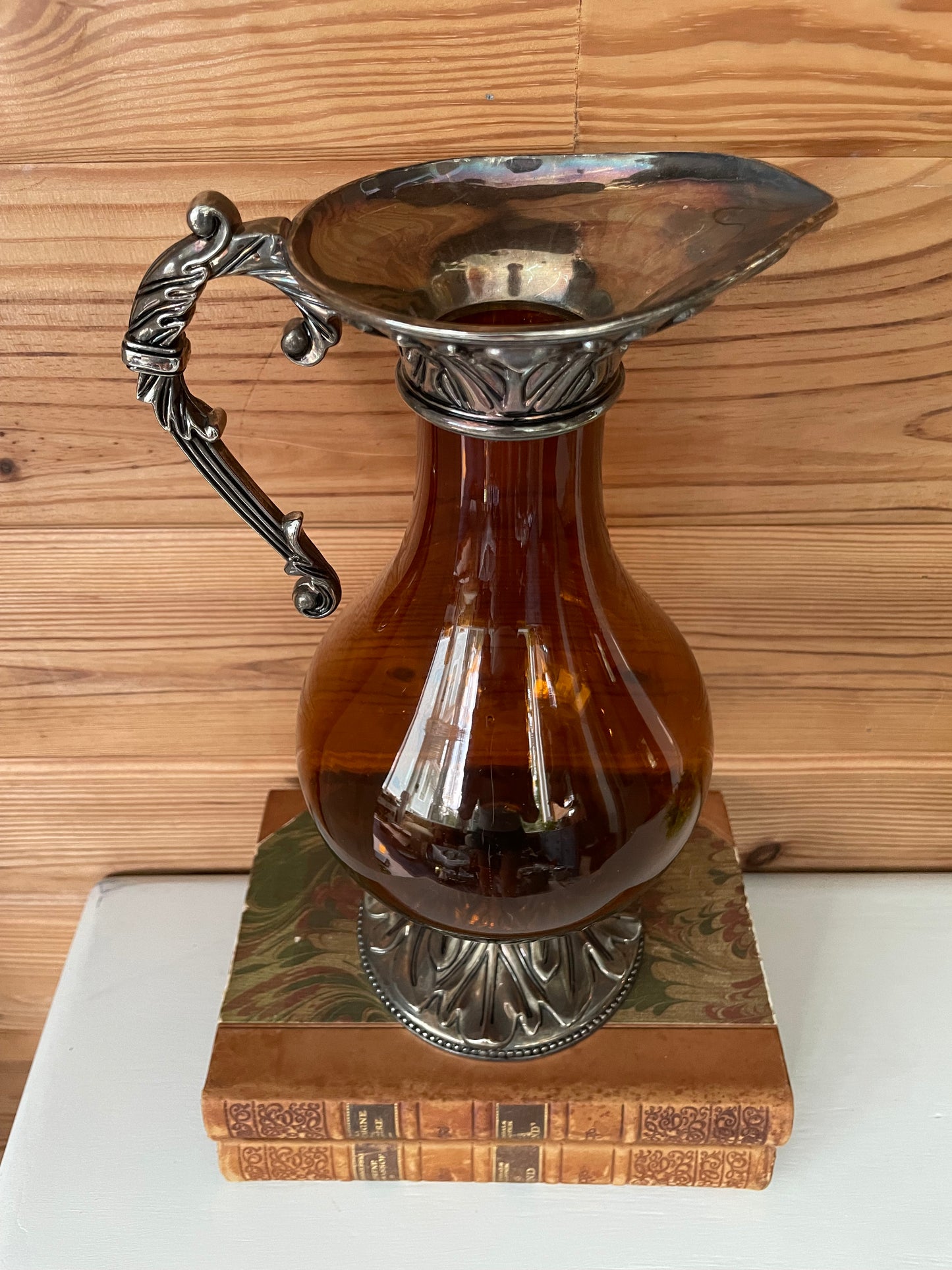 Vintage Art Nouveau Amber Glass/Pewter Decanter