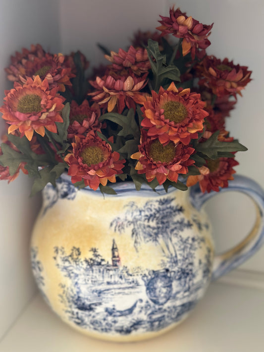 Vintage Blue/Yellow Ceramic Toile Pitcher
