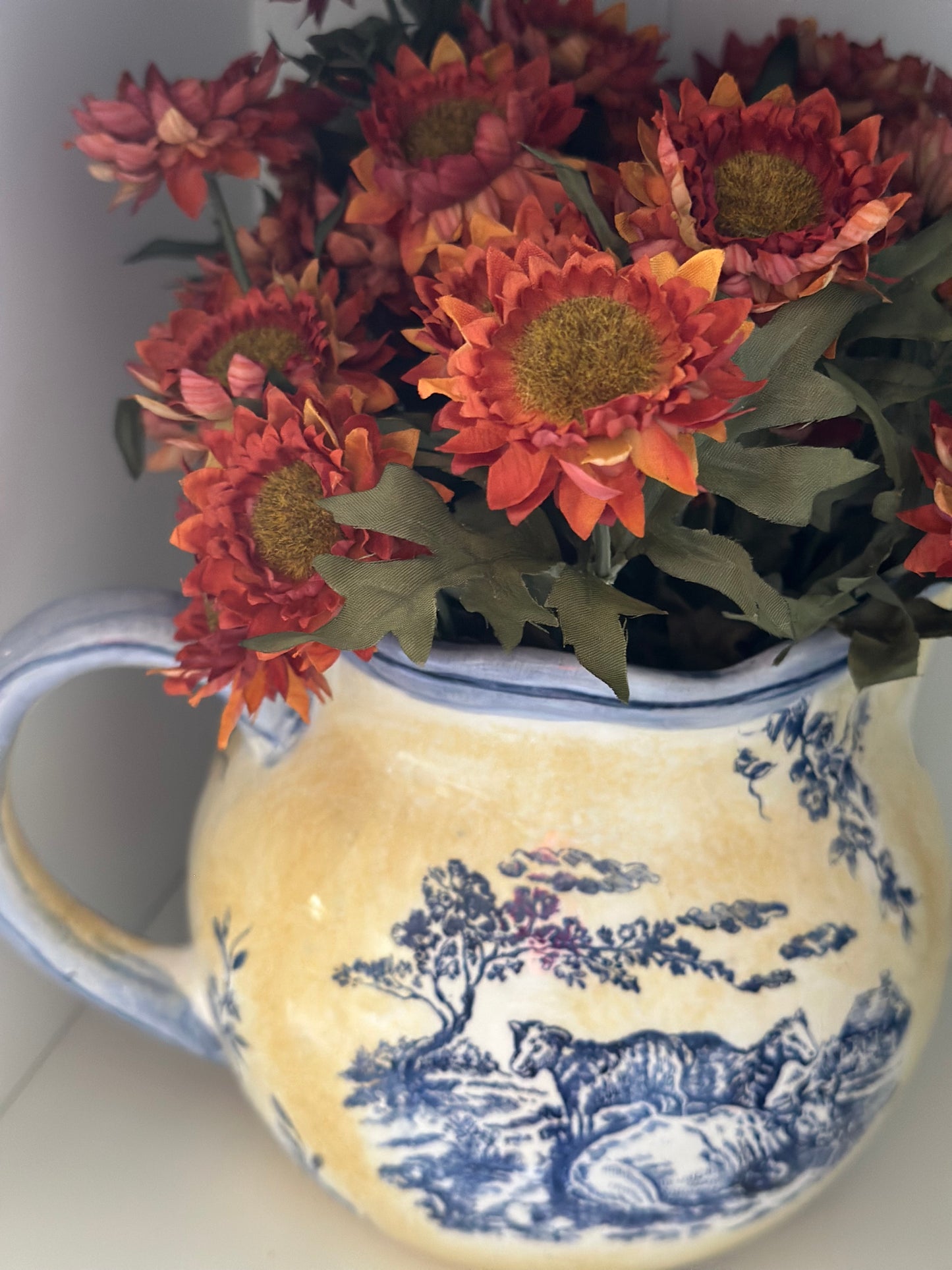 Vintage Blue/Yellow Ceramic Toile Pitcher