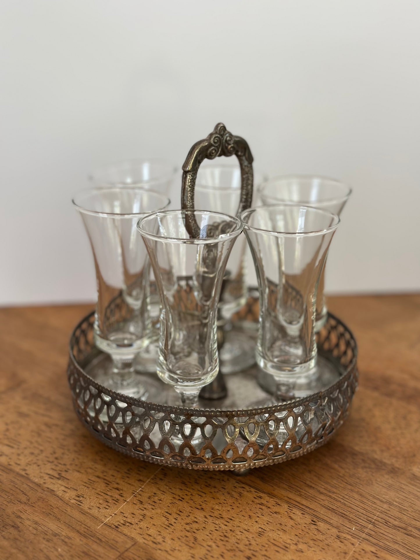 Vintage Silver Tray & 6 Stemmed Sherry Shot Glasses