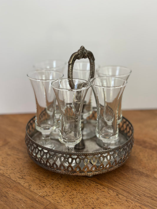 Vintage Silver Tray & 6 Stemmed Sherry Shot Glasses