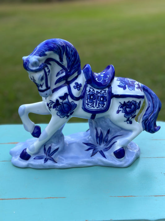 Ceramic Blue and White Horse (Head Down)