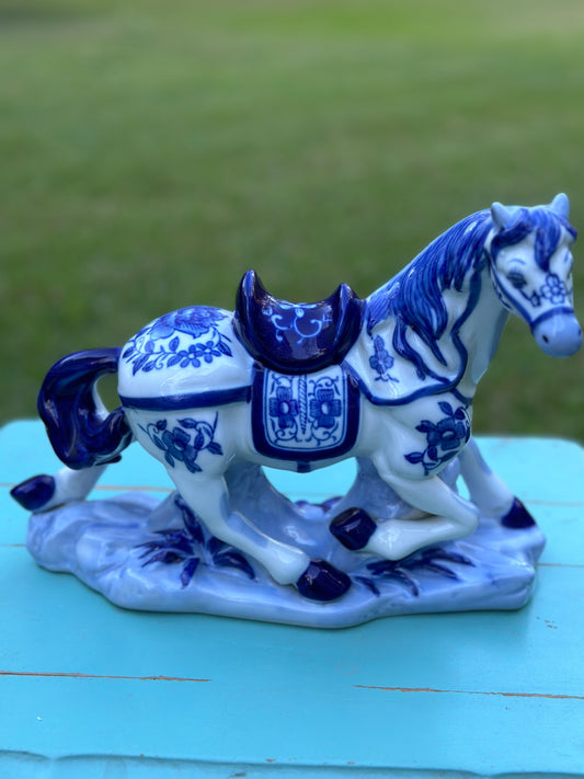 Ceramic Blue and White Horse (Head Up)