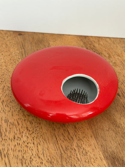 Flat Round Red Ikebana Ceramic Flower Frog