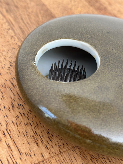 Flat Round Olive Green Ikebana Ceramic Flower Frog