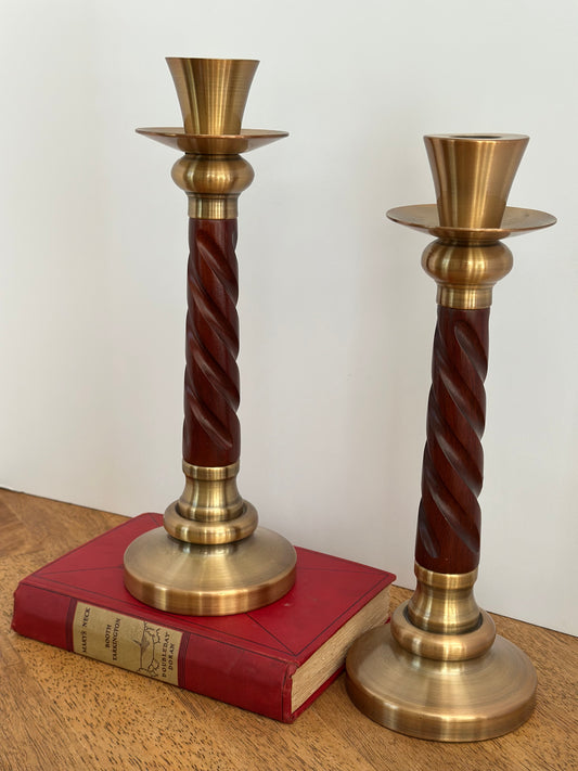 12" Wood/Brass Taper Candle Holders (2)