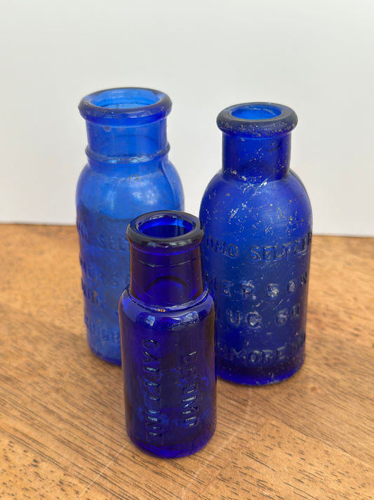 Vintage Cobalt Blue Glass Bottles Set (3)