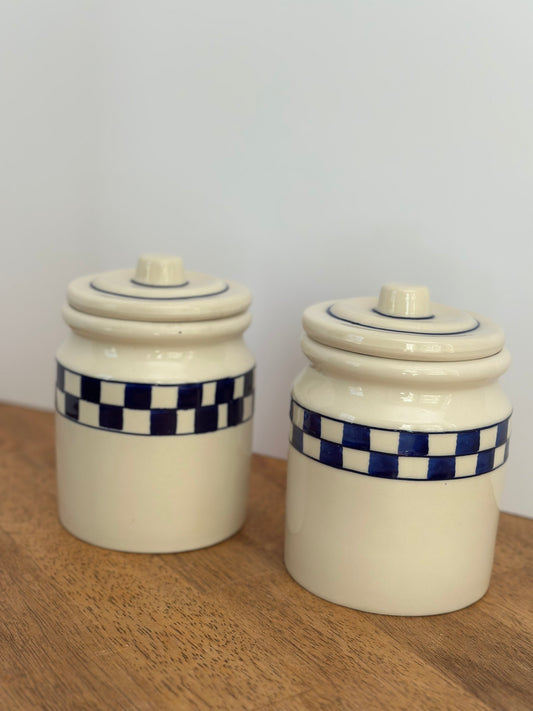 Vintage Hartstone Pottery Blue Checkered Canister Set