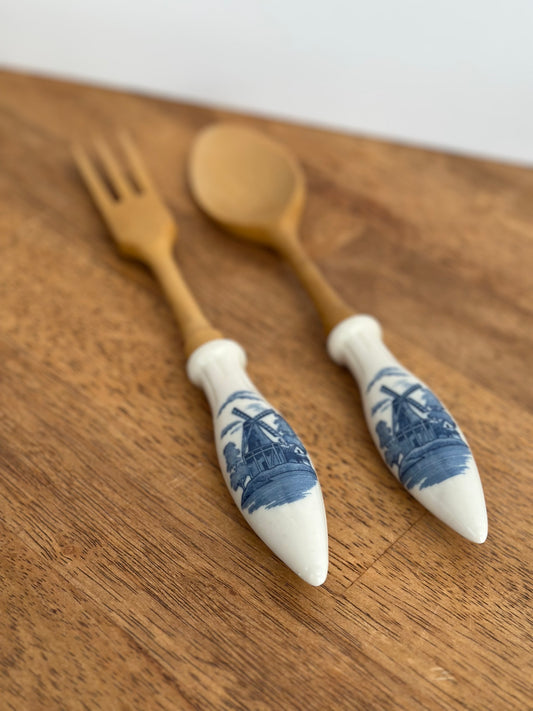 Wooden Salad Servers Delf Blue Windmill