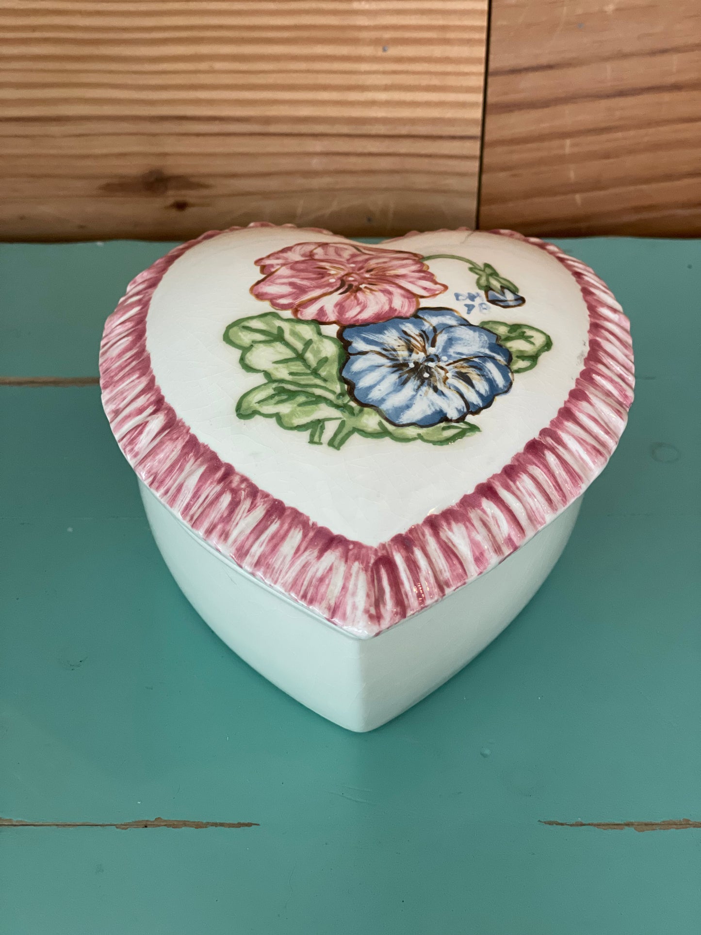 Vintage Hand Painted Ceramic Heart Trinket Box - 1978