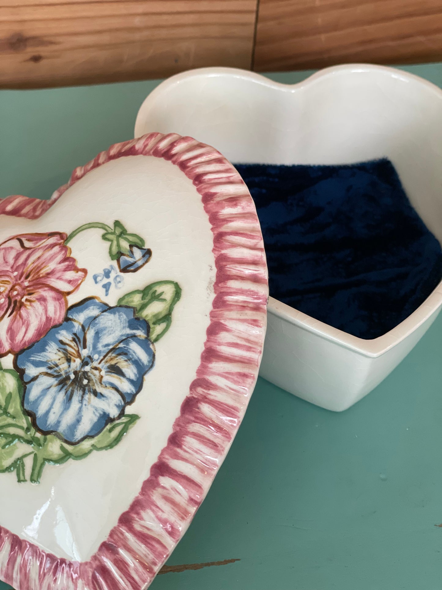 Vintage Hand Painted Ceramic Heart Trinket Box - 1978